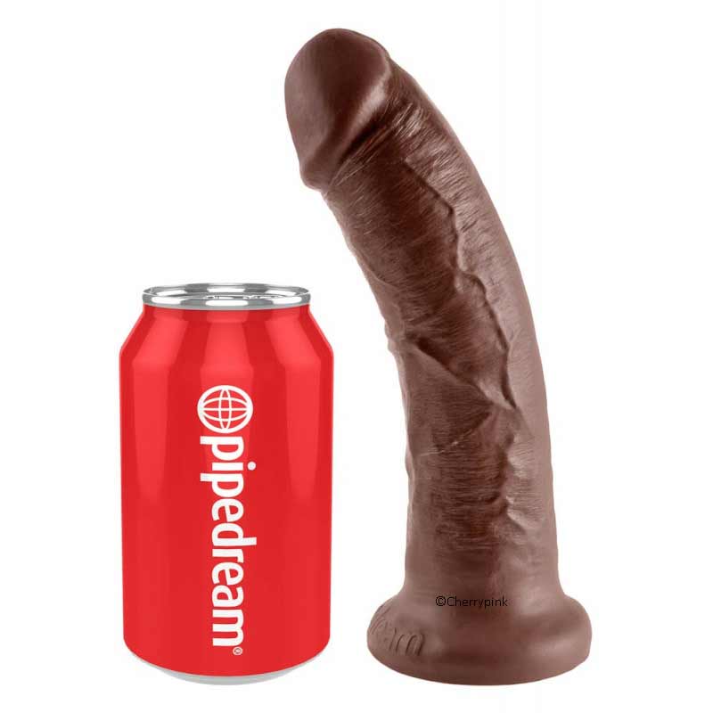 King Cock 8 Inch Suction Cup Dildo with a Red Drinks Can.