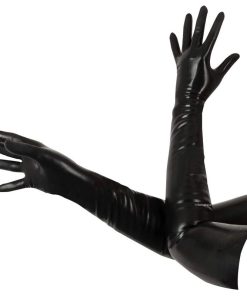 The Latex Black Elbow-Length Gloves With The Fingers Spread Open