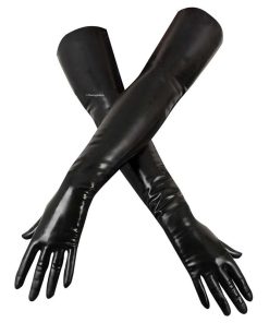 Latex Black Elbow-Length Gloves Sitting on a White Background