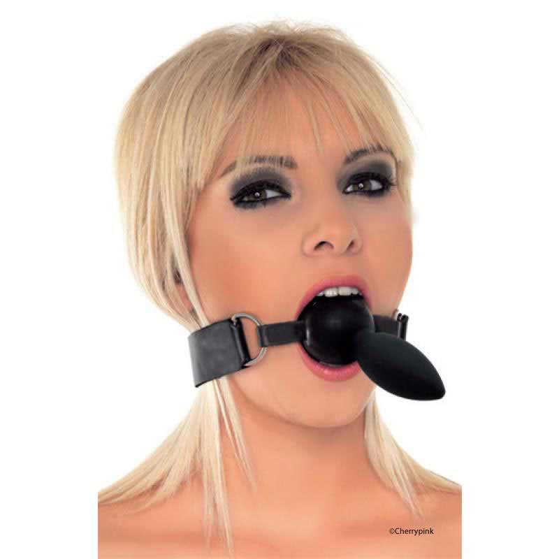 Rimba Mouthgag With Dildo been worn by a model.