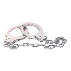 Chrome Handcuffs With Extended Chain Sliver on a white background.