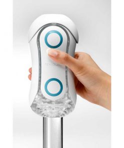 Tenga Flip Orb Blue Rush Masturbator With Someone Pulling it Onto a Glass Dildo