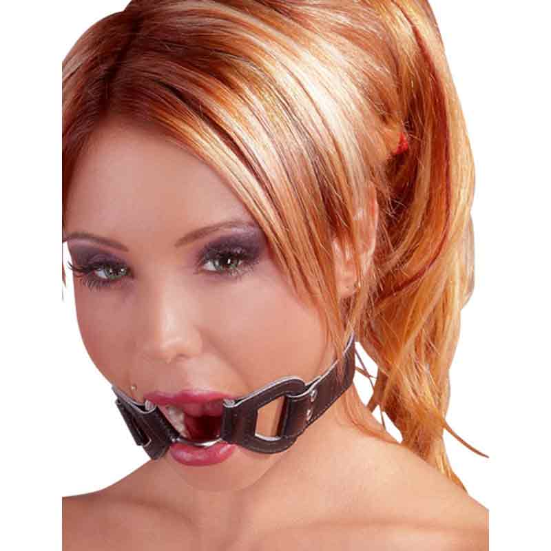 A Blond model wearing the fetish collection mouth gag