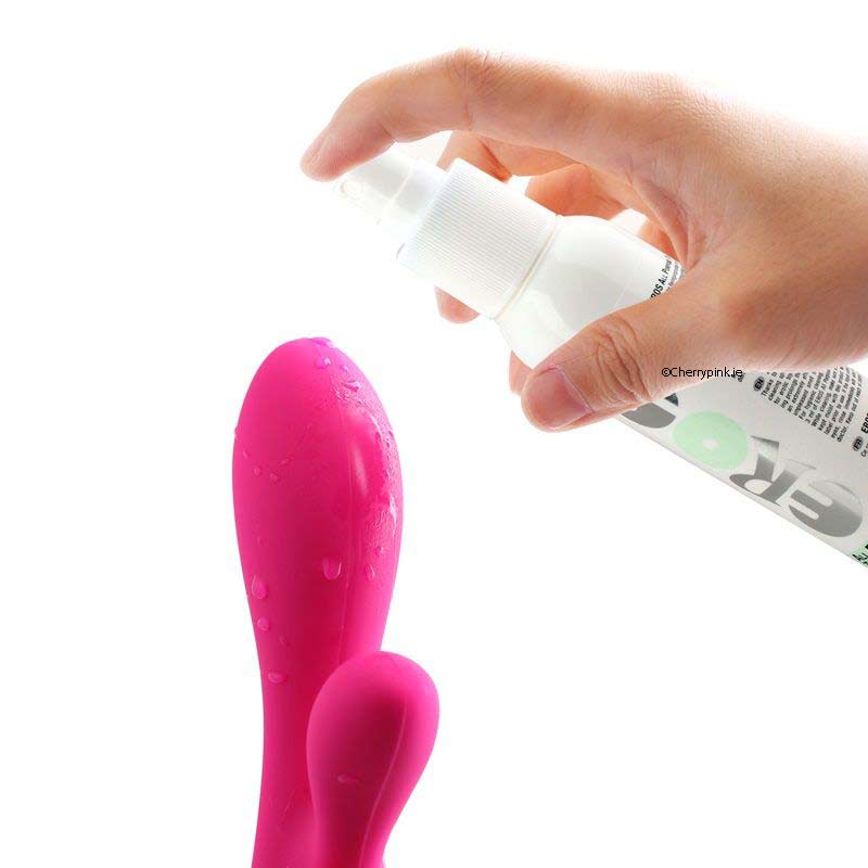 All-purpose sex toy cleaner used on a pink clitoral vibrator
