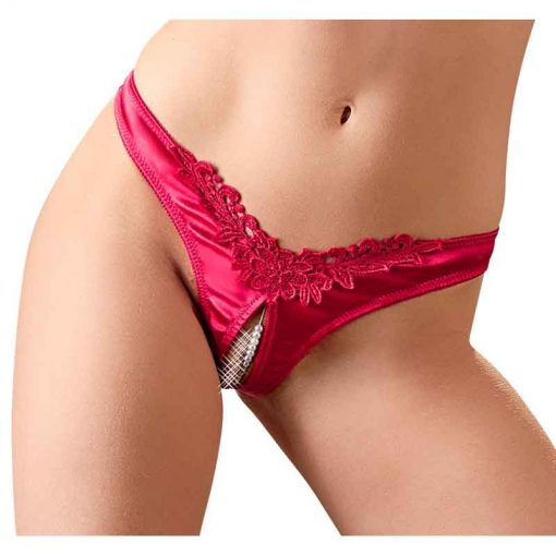 Red satin briefs with pearls and open front and back on a model from the front