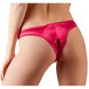 The red satin briefs from the back on a model