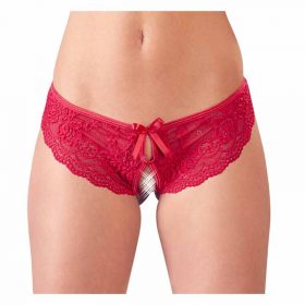 The front of the open front red lace thong on a model