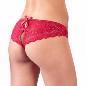 A model wearing the red thong from the side