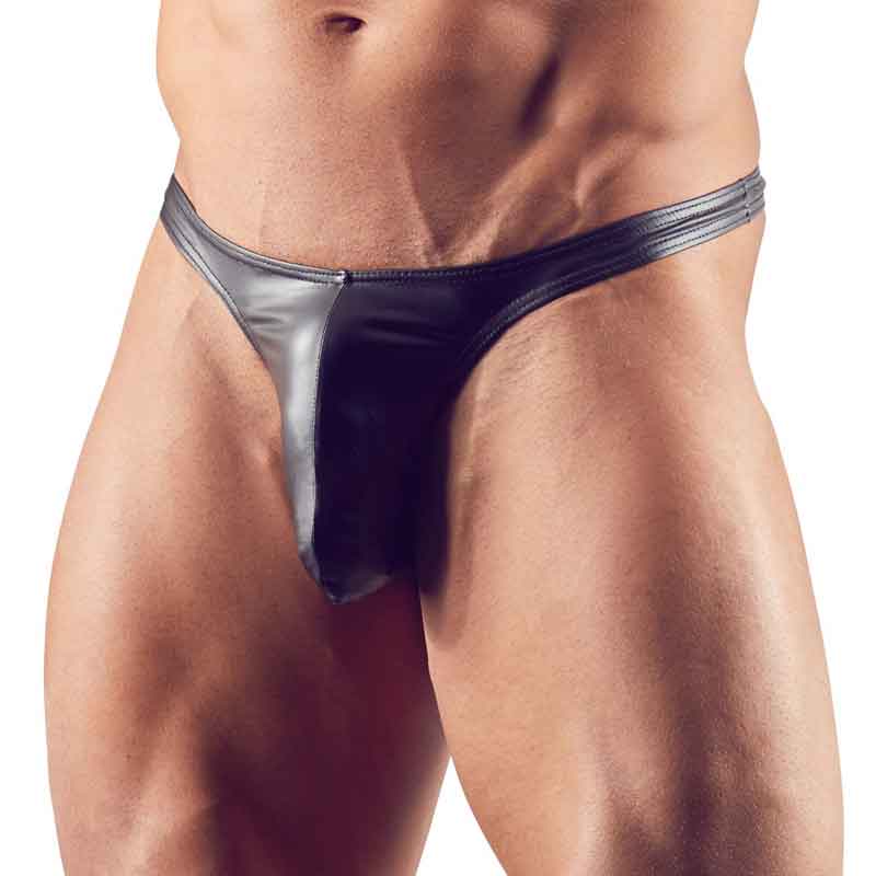 A male model wearing the wet look g-string from the front side