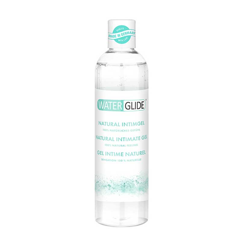 A clear bottle of waterglide natural intimate lube