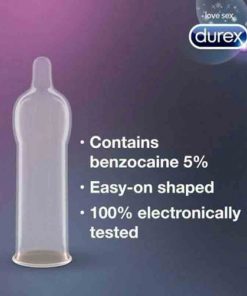 A single condom standing with information on what it made of.