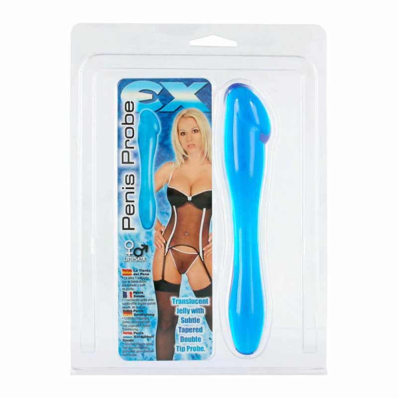 The blue double dildo with its display packet