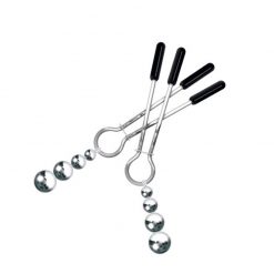 Silver nipple clamps with hanging balls and black rubber tips