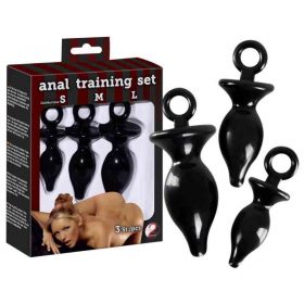 Anal Training Butt Plug Set Three different size black anal butt plugs with their display box