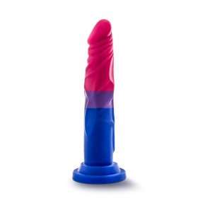 The blue and pink pride dildo with suction cup standing on a white background