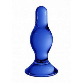 A blue glass butt plug with tapered tip large bulge narrow neck and round base