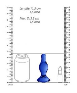 The blue glass butt plug with all its measurements