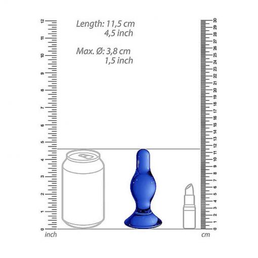 The blue glass butt plug with all its measurements