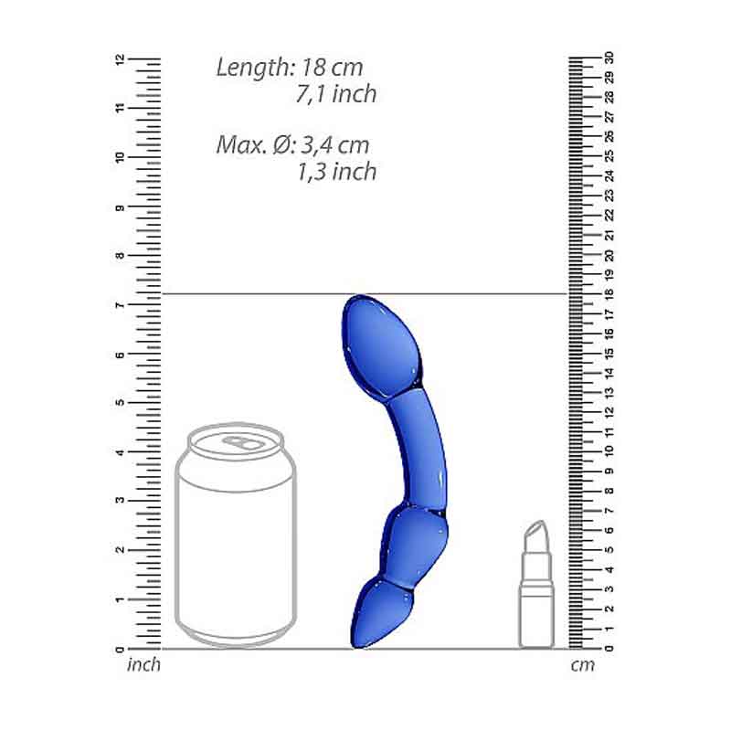 The unisex blue glass dildo with all its measurements