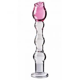 Icicles No.12 Romantic Rose Dildo With A Flat Base Standing On A White Background With A Pink Rose Shaped Tip.