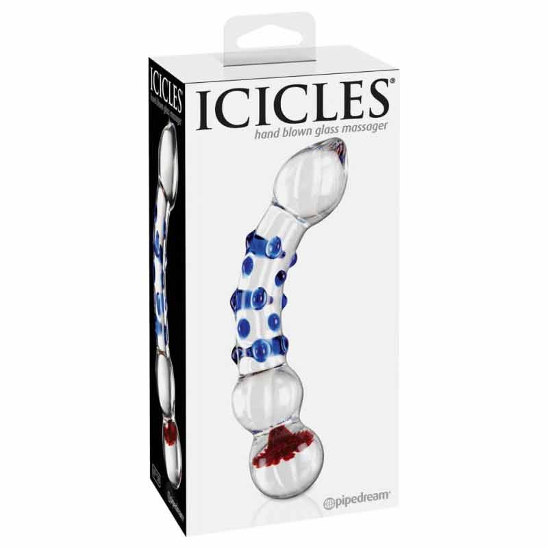Icicles No.18 Textured Curve Glass Dildo standing in its white display box on a white background