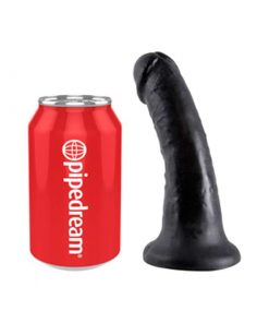 Black coloured king cock dildo beside a red drinks can