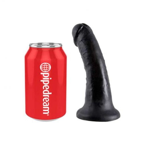 Black coloured king cock dildo beside a red drinks can