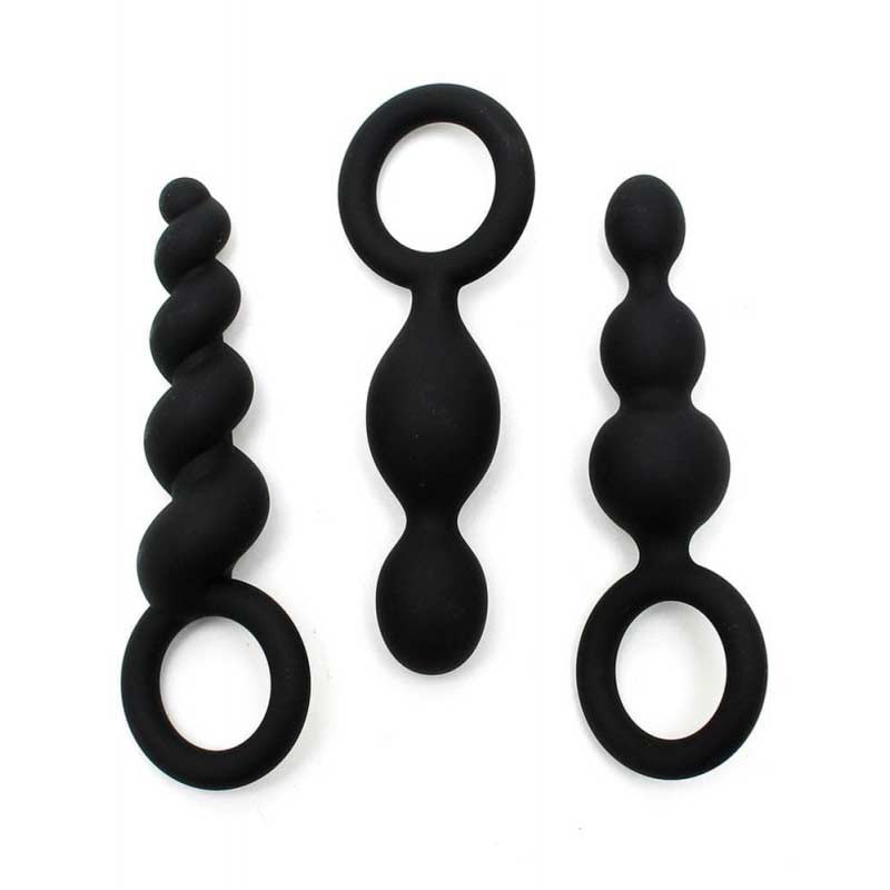 Three different shaped anal butt plugs with finger loops