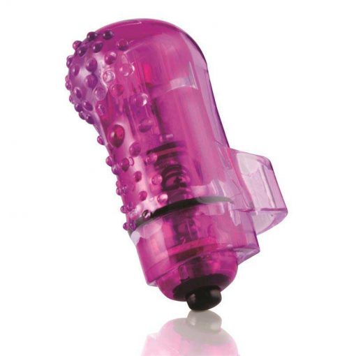 The Screaming O The Fingo Nubby Purple is a small purple vibrator with a rubber finger band to keep in on your finger