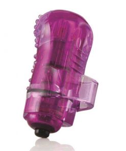 The Screaming O The Fingo Nubby Purple finger vibrator showing the finger band