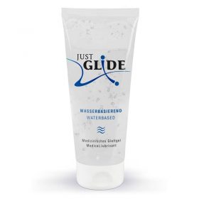 Just Glide 200 ml Water-based Lubricant Gel standing on a white background in a clear plastic bottle