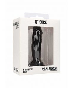 Realrock Realistic Black Cock in its white display box standing on a white background.