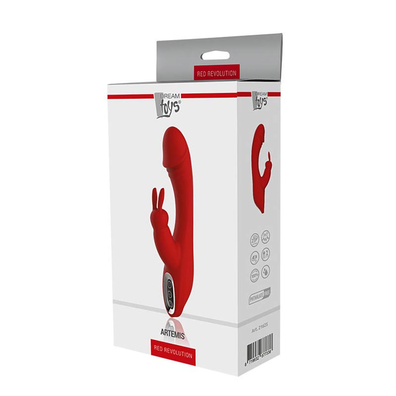 The Red Revolution Artemis Rabbit Vibrator has a large tip and rabbit ears with a gentle curved shaft in its white display box