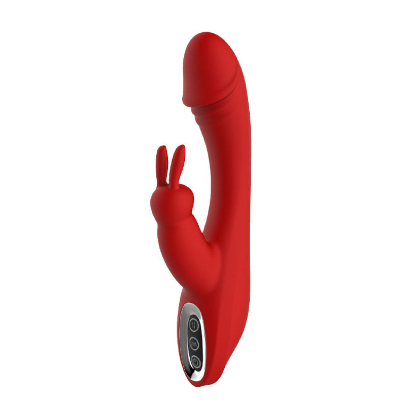 The Red Revolution Artemis Rabbit Vibrator has a large tip and rabbit ears with a gentle curved shaft close up view of the clitoral ticklers