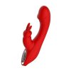 The Red Revolution Artemis Rabbit Vibrator has a large tip and rabbit ears with a gentle curved shaft