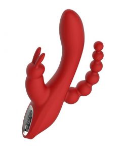 A side view of the Red Revolution Hera Rabbit Vibrator with anal beads