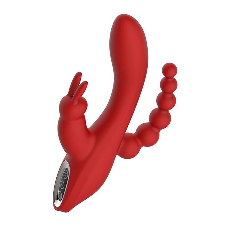 A side view of the Red Revolution Hera Rabbit Vibrator with anal beads