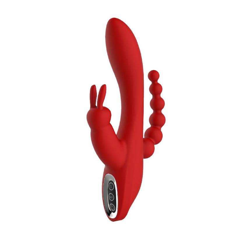 A red clitoral vibrator with a g-spor shaft and vibrating anal beads