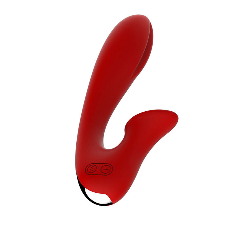 The side of the red waterproof vibrator with g-spot shaft and clitoral stimulator