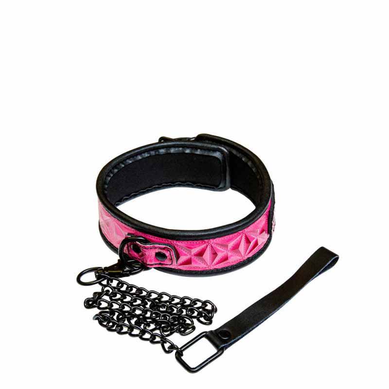 The sinful pink collar with leash for role play games on a white background