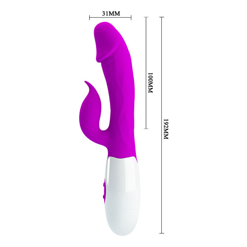 Pretty Love Peter Purple vibrator clitoral sex toy and Sizes on a white background