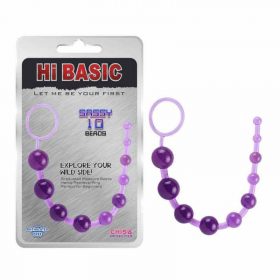 Purple sassy anal beads and its packet on a white background
