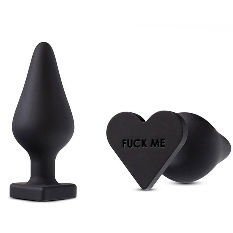 The small black anal butt plug with the fuck me engraved on the base