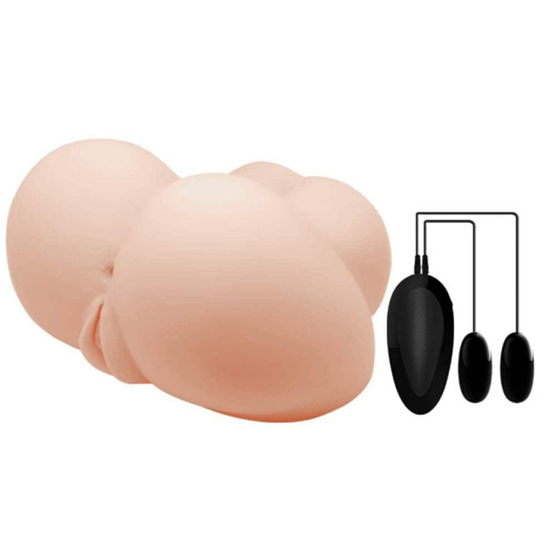 A back view of the realistic busty butt sex toy and its remote control and bullets