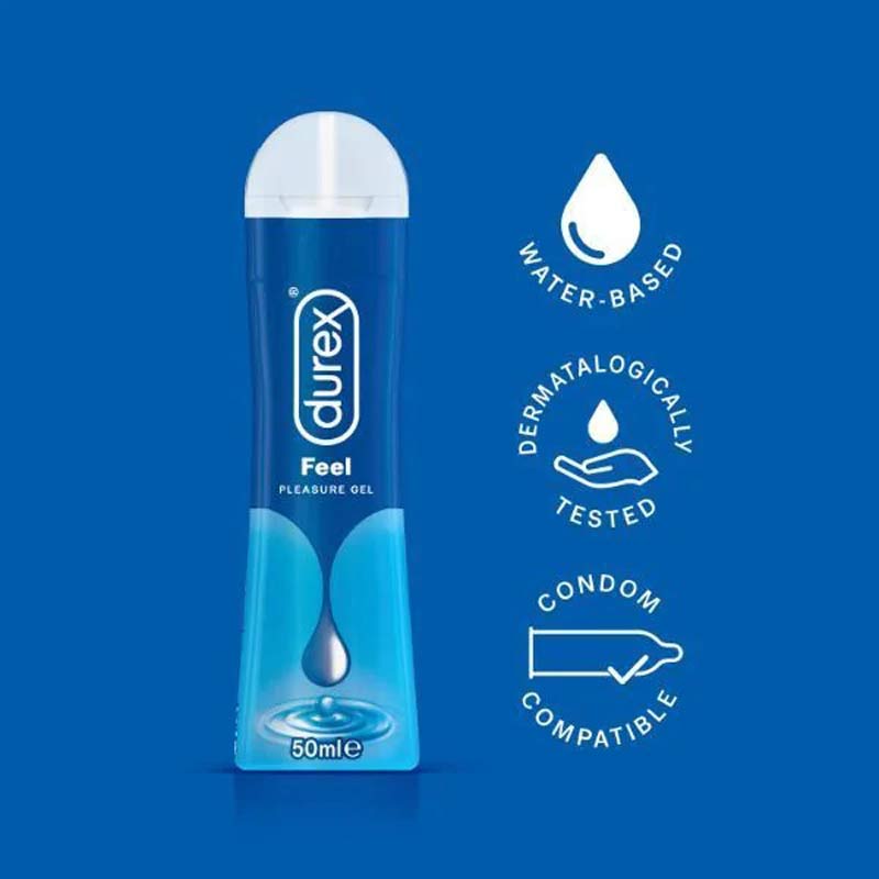 The blue bottle of Durex gel with information of what it does
