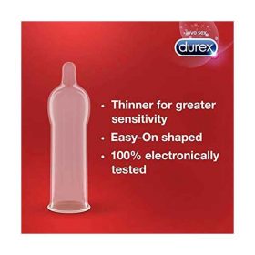 A single Durex condom standing on its base with information on how to use thin feel