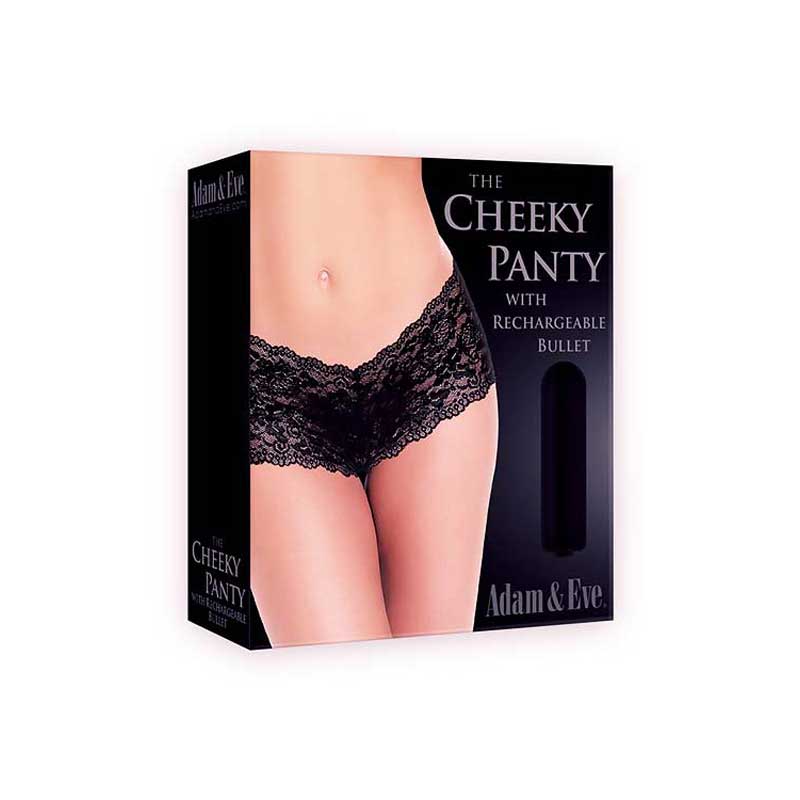 The black display box from the Adam and Eve Cheeky Panty with Bullet Black