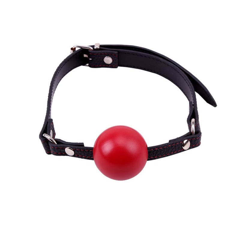 The red ball gag with black straps and silver buckles