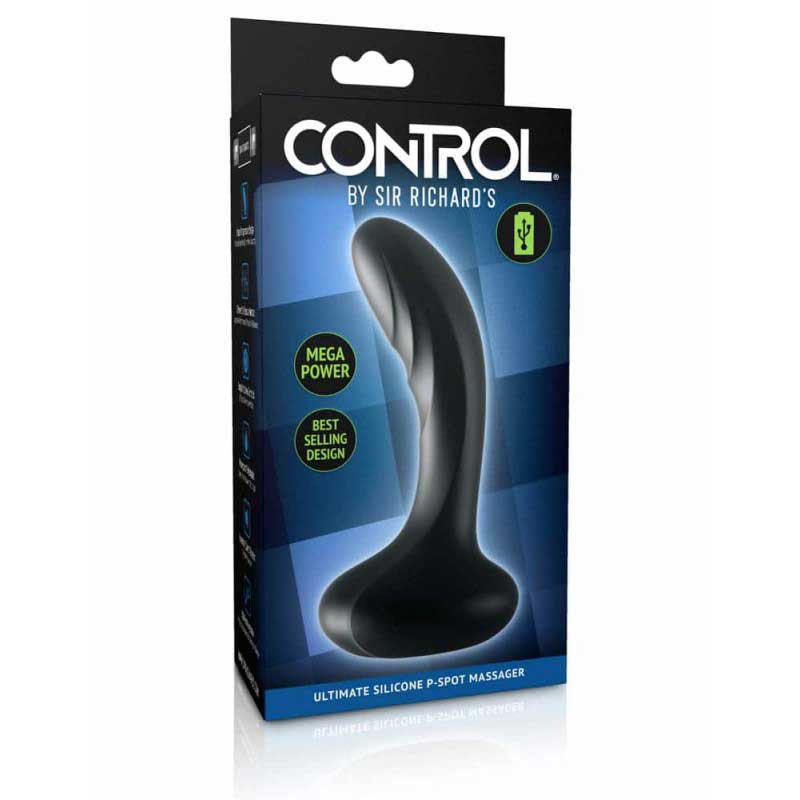 The black and blue display box from the Sir Richard's Control Ultimate Silicone P-Spot Massager