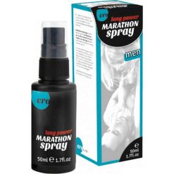 The black bottle of Long Power Marathon Spray with its blue and white display box